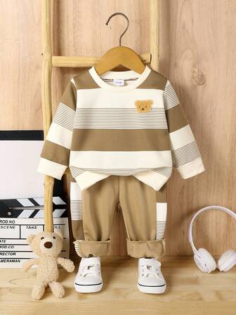 2pcs/Set Toddler Striped Bear Embroidery Long Sleeve Top And Casual Drawstring Pants Set, Suitable For Autumn/Winter