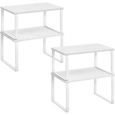 Organizadores de cocina, juego de 4 estantes de encimera, almacenamiento de gabinete, apilables, expandibles, de metal y madera de ingeniería, color blanco nube y KCS027W01