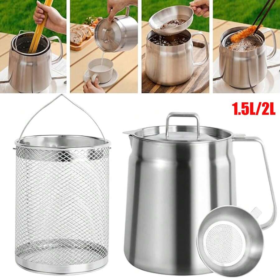 1.5L/2L Oil Filter Pot Kitchen Oil Filter Pot Cooking Oil Filter Pot, 304 Stainless Steel Oil Strainer Separator Grease Filter Container Pot Kitchen Cooking Tool With Strainer & Deep Fryer Basket & Dustproof Lid - Bạc - Xem 1