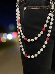 1pc Unisex Hiphop Beaded Chain Jeans Waist Belt, Red & White Disco Bead Decor, Gothic Style Accessory Gift - Bling Bling Pants chain - View 13