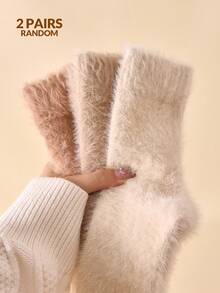 2/4 Pairs Women's Plush Thermal Warm Socks Simple Mink Plush Socks Mid-Calf Socks Crew Socks Thick Soft Fluffy Comfortable Socks Floor Socks, Christmas Gift, Random Color, Suitable For Fall&Winter, Cozy Socks - Multicolor - View 2