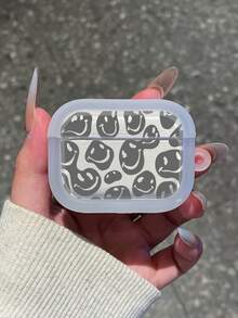 1 pieza Funda de auricular con impresión UV de cara sonriente gris gruesa, compatible con auriculares Bluetooth de Apple, cubierta transparente clara