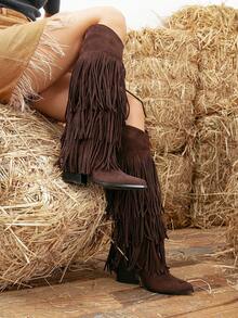 Women's Chunky Heel Round Toe Tassel Decor Casual Over-The-Knee Western Boots - Coffee Brown - View 5