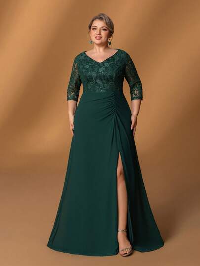 Faeriesty Vestido de madre de la novia talla grande Mosy: Elegante escote en V, mangas 3/4 y Body de encaje, abertura favorecedora en el muslo, falda de sirena fruncida - Perfecto para bodas formales, cenas de gala, eventos de etiqueta negra, grandes celebraciones