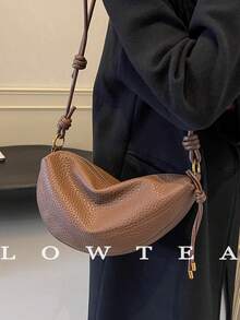 1 pieza Bolso de hombro de mujer de unicolor de piel de PU, bolso de hombro en forma de media luna de moda vintage con cierre de cremallera, adecuado para uso diario y al aire libre - Café - Ver 5