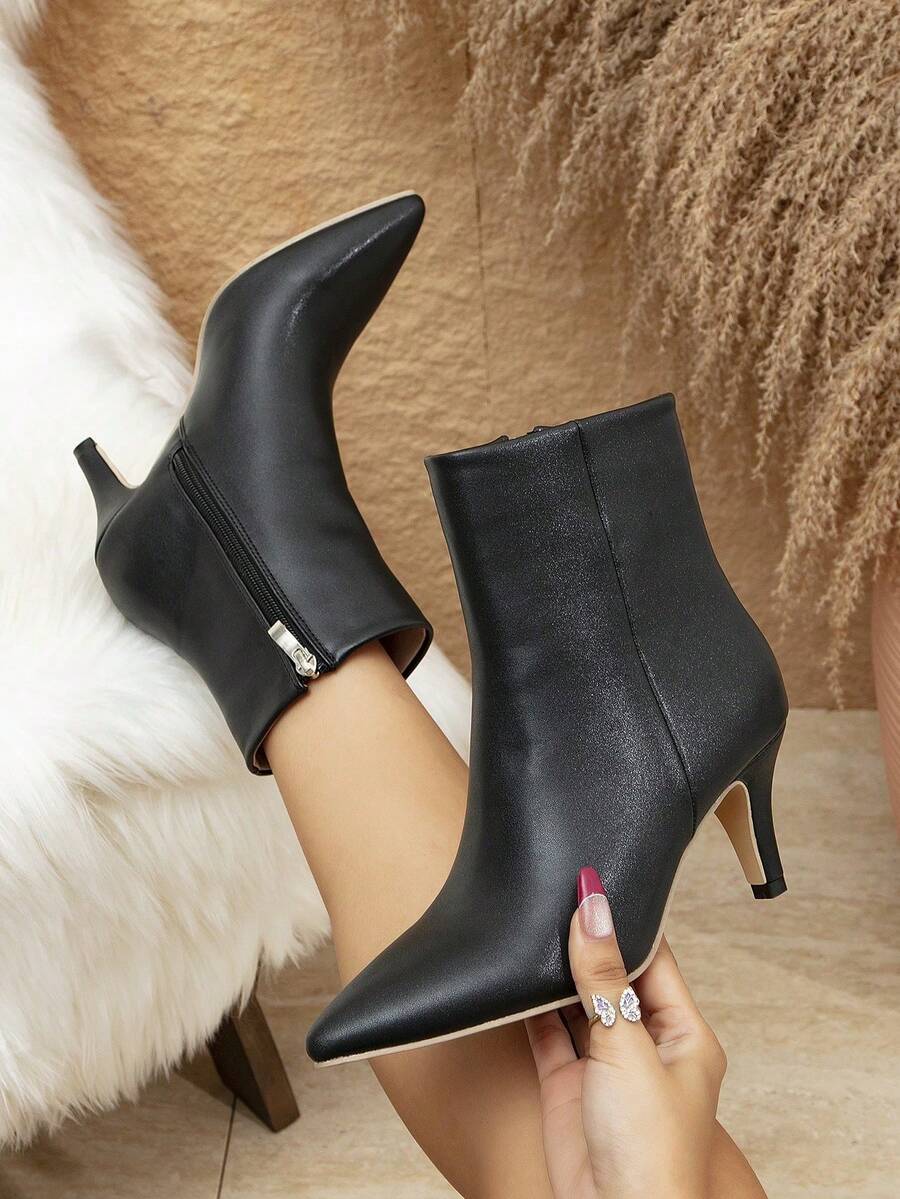 Women's New Ankle Boots, Black Short Boots & Nude Boots, Minimalist Solid Color, High Quality PU Leather, Suitable For Commuting, Office, Sexy Party, Side Zipper, Pointed Toe, Super High Heel, Winter - Black - View 1