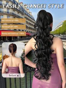 32英寸长款波浪卷马尾假发，合成耐热爪式卷曲波浪马尾假发，女士适用 - 黑色 - 查看 4