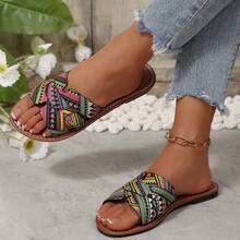New Colorful Women Flat Sandals, Tropical Print Bohemian PU Leather Quilted Flat Sandals, Comfortable Breathable For Beach, Spring/Summer