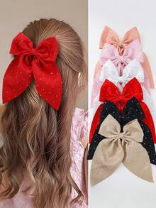 6pcs/Set Girls/Teens Rhinestone Bow Asymmetrical Textured Fabric Hair Clips, Pink/Red/Black, Daily Use Hair Accessories - Multicolor - View 11