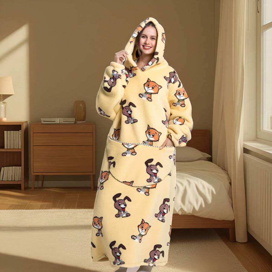 Hooded Robe Sweatshirt, Oversized Plush Cloak Style Loungewear, Warm & Cozy Unisex Sherpa Bathrobe For Home, Office, Study, Winter