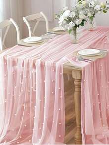 1pc Pink Pearl Lace Table Runner, Boho Style Party Tablecloth, Chiffon Satin Mesh Fabric, Suitable For Sewing Dresses, DIY, Birthday, Valentine's Day, Wedding Party Tablecloth, Dining Table Mat, Christmas Table Decor - Pink - View 7