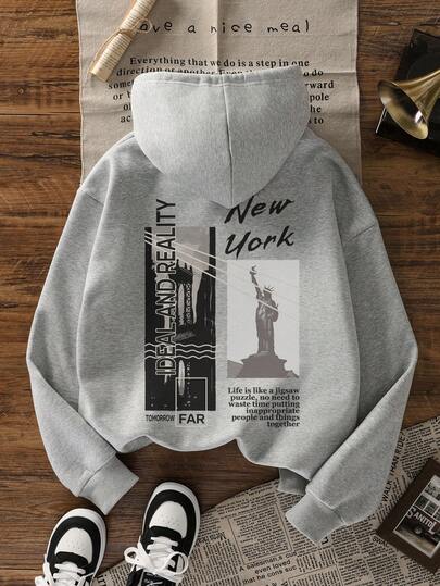 Sudadera con capucha de forro polar versátil para uso diario con estampado de la Estatua de la Libertad, nueva para mujer en otoño/invierno