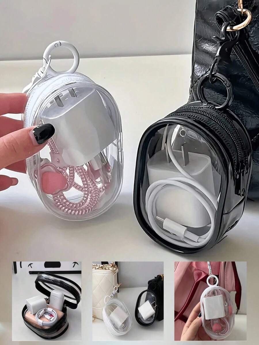 10pcs/2pcs/1pc Portable PVC Black & White Transparent Mini Data Cable Organizer Bag, Mini Zipper Storage Pouch, Compact Multipurpose Transparent Keychain Pouch, Bag Accessories, Earphone & Charger Storage Box With Keychain, Dual Zipper Design For Cables, Chargers, Earphones, Jewelry & Small Items