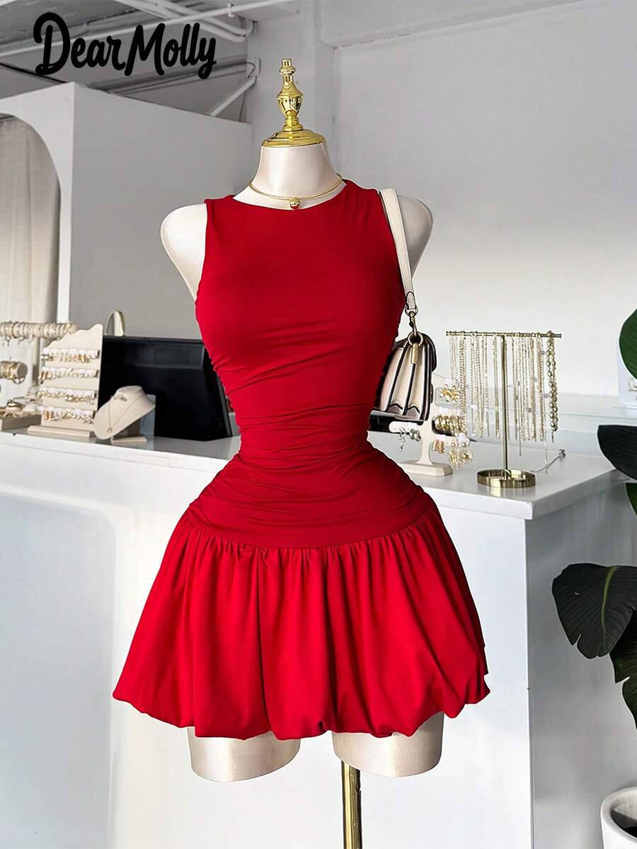 DEAR MOLLY 女士优雅无袖圆领红色短裙，可叠穿作为晚礼服，适合外出、派对、约会等场合，春季穿着。 - 紅色 - 查看 1