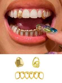 A Set Of Hip-Hop Dental Jewelry With A Single Hollowed-Out Upper Surface And A Full Hollowed-Out Lower Surface, Suitable For Both Men And Women. It Can Be Opened And Closed For Self-Adjustment And Comes With A Teething Ring For Use In Combination