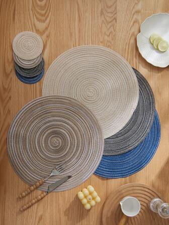 1/4 套装编织圆形餐垫和杯垫，可水洗防滑餐桌垫，较小尺寸 13.4 英寸，带编织饰边，适合家庭聚会、婚礼、派对