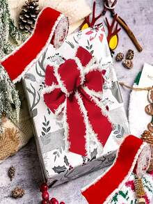 1pc,Christmas Ribbon With White Tassel Edge, DIY Bowknot , New Year Winter Valentine'S Day Gift Wrapping, Wreath For Christmas Halloween Thanksgiving New Year Universal, Can Be Used Daily