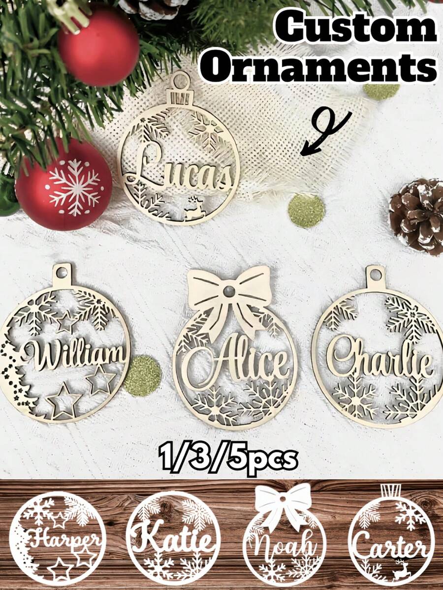 1/3/5 peças Presente de Natal, Decoração de Natal, Enfeites de Natal Personalizados, Decoração de Árvore de Natal Personalizada, Decoração em Madeira/Acrílico, Nomes Cortados a Laser, Bola de Natal, Etiquetas para Presente, Seu Logotipo Multifuncional, Ornamental Requintado, Elegante, Bonito, Vintage Personalizado, Presente Ideal e Único para Ele e Ela Aniversários Dia dos Namorados Dia das Mães Aniversários, Dia dos Pais