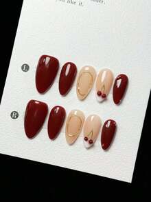 10 件手工制作性感深红色金线线圈白色法式 3D 樱桃杏仁形美甲贴纸，高端性感奢华指甲贴花 - 紅白色 - 查看 3