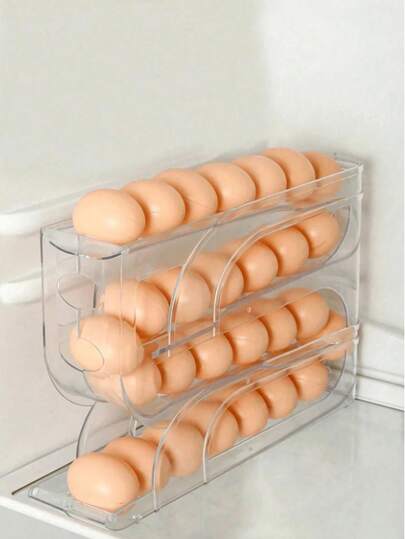 1pc Lightweight Transparent 3/4 Tier Sliding Egg Dispenser, Automatic Rolling Anti-Crack Holder For Fridge & Countertop, Easy To Clean, Washable, Industrial Food Supply Equipment, Space-Saving Fridge Side Door Storage Rack, For Kitchen Organization Egg Carton