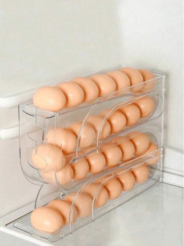 1pc Lightweight Transparent 3/4 Tier Sliding Egg Dispenser, Automatic Rolling Anti-Crack Holder For Fridge & Countertop, Easy To Clean, Washable, Industrial Food Supply Equipment, Space-Saving Fridge Side Door Storage Rack, For Kitchen Organization Egg Carton