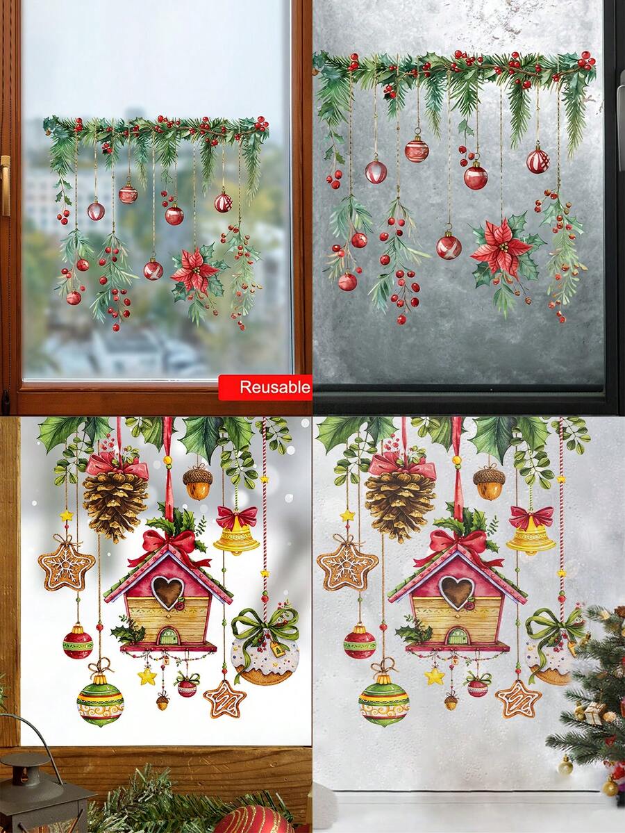 1 pieza Pegatina de plantas verdes navideñas para ventana, pegatina de vidrio con hojas de pino y bayas rojas, poinsettia, ramas de árbol de Navidad, pegatinas para ventanas, para decoración de fiestas navideñas, hogar, centro comercial, decoración de pared, decoración de habitación, decoración navideña, decoraciones navideñas para el hogar - Multicolor - Ver 1
