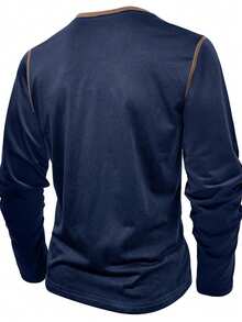 Herren Große Größen Henley Langarm T-Shirt, Kontrastfarbe, Herbst - marineblau - Übersicht 4