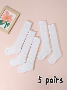 5 Pairs Girls Ribbed Knee High Socks, White Everyday Versatile Socks For Girls