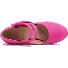 Enelauge Women's Mary Jane Heels With Bow Retro Closed Round Toe Pumps Sweet Ankle Strap Low Block Heels Chic Bowtie Vintage Dress Wedding Party Office Daily ShoesChristmas - 亮粉色絨面革 - 查看 8