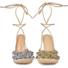 Saint Leia Women's 4IN High Heel Sandals Nude Stiletto Pumps With Gold Silver Pearls Heels For Weddings Parties And Evening WearChristmas - 裸金銀 - 查看 8
