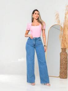 Women's Bodysuit Square Neckline Princess Sleeve Suplex Fabric Summer Fashion Style - 淺粉色 - 查看 8