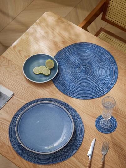 1/4 طقم من الحصائر المنسوجة الدائرية والأطباق الصغيرة، أطباق طاولة طعام غير قابلة للانزلاق وقابلة للغسل، بحجم أصغر 13.4 بوصة مع حافة منسوجة، مناسبة للتجمعات العائلية والأعراس والحفلات