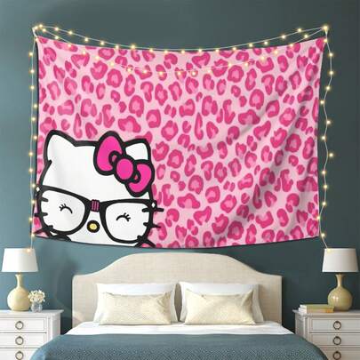  1PC Sanrio Hello Kitty Tapestry Wall Hanging - Pink Leopard Print Peach Light Beige Fabric, Horizontal Home Decor For Bedroom, Living Room & Party Decoration, Hello Kitty Room Decor, Playful Design