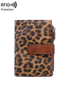 MIYIN 时尚复古女士豹纹短款钱包，多功能大容量三折信用卡夹，RFID防盗刷钱包，可装信用卡/身份证/硬币/现金/收据/照片，女士双拉链手拿包，礼品，生日礼物，周年纪念礼物 - 棕色 - 查看 5