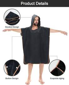 Poncho de Surf, Albornoz de Playa, Poncho Toalla,Bata de Baño de Microfibra con Capucha,Adecuado para el Surf, la natación, el baño y Las Playas, Absorbente y de Secado rápido. (Negro) - Negro - Ver 3
