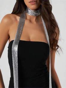 1pc Women Fully Rhinestone Starry Shiny Sexy Aluminum Mesh Sequin Scarf, Silver/Gold Fashion Girl Party, Evening, Dance, Nightclub Necklace Jewelry, Gala Model Halloween Party Costume For Dress - Silver - View 4