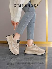 1 par de zapatillas casuales para mujer, con punta redonda, cordones y suela de cuero, adecuadas para todas las estaciones