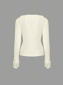 Women's Casual Design Solid Color V-Neck Slim Fit Long Sleeve Pullover Cardigan With Buttons, Tassel Trim, And Ripped Edges Fuzzy Trim Sweater Goth Punk Knit Outerwear, Spring Fall Winter - White - View 10