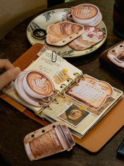 12pcs Calendar Loose Leaf Notebook, 365 Days Of Coffee & Bread Series, Suitable For Gifts, Office, Home, Marking, Labels, Classrooms, Entertainment Toys, Student Planner, Creative Vintage Decoration Stickers DIY