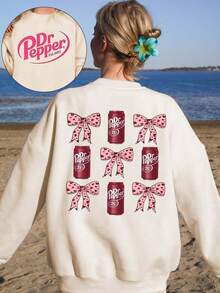 Bows And Soda Cans  Print Women's Sweatshirt, Round Neck Casual Sweatshirt, Suitable For Winter And Autumn, Women's Tops - 杏色 - 查看 1