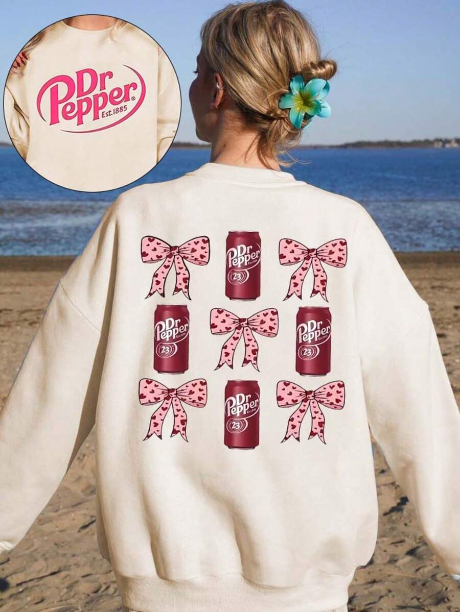 Bows And Soda Cans  Print Women's Sweatshirt, Round Neck Casual Sweatshirt, Suitable For Winter And Autumn, Women's Tops - 杏色 - 查看 1