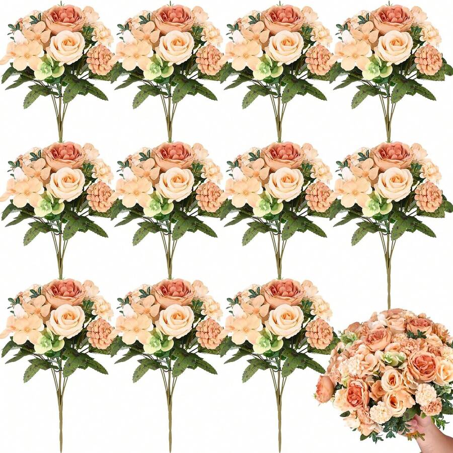 1束大型仿真牡丹丝花花束，婚礼装饰DIY花环材料，新娘捧花，腕花，胸花，头饰，婚车装饰，拱门装饰，家居，餐厅，卧室花瓶装饰，生日派对装饰，情人节和新年礼物 - 香檳色 - 查看 1