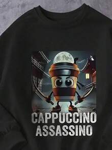 Sudadera con capucha Cappuccino Assassino para niño - Sudadera negra vibrante de manga larga con diseño de taza de café de dibujos animados, mezcla de poliéster elástico, lavable a máquina, ideal para deportes al aire  ropa informal, primavera, otoño e invierno, ideal para el día a día de los jóvenes | Sudadera con capucha con gráfico divertido | Sudadera con capucha de tejido elástico - negro - Ver 3