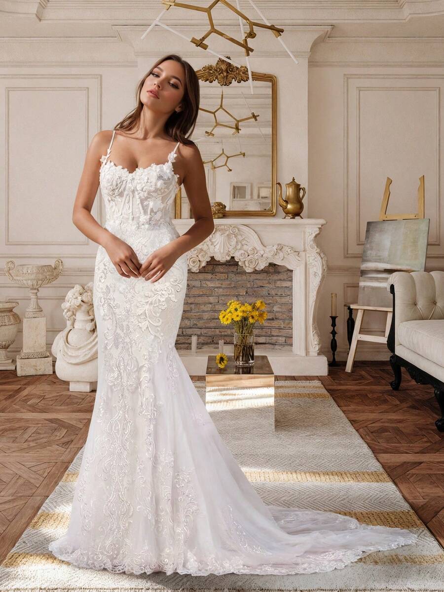 Elegant Sexy Lace Applique Embroidery Mermaid Wedding Dress For Bride,Open Back Tuyhe Formal Evening Party Dress Bridal Gowns,Romantic Church Ceremony Wedding Dress,Suitable For Wedding,Dating,Birthday Party,Singles' Party,Vacation,Formal Occasions,Dinner Dress,Prom Dress,Homecoming Dress,Cocktail Party - 白色 - 查看 1