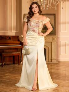 SUPGIR Plus 优雅女士抹胸花瓣袖亮片拼布褶皱开衩缎面晚礼服 - 香檳色 - 查看 1