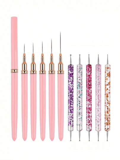 10 piezas Juego de brochas de arte de uñas, brochas de diseño de uñas, brochas de pintura y dibujo, brochas de doble extremo para herramientas de arte de uñas, bolígrafo de pintura de gel UV para diseño de uñas, kit de brochas de punteado y línea de uñas, herramientas de arte de uñas de doble extremo para uso doméstico y profesional en salón de uñas