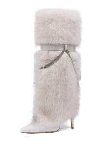 Women's Pointed Toe Stiletto Heels Fluffy Fur Boots Fashion Y2K Halloween Party Furry Fur Knee High Boots With Metal Chain Lace-Up Party Comfy Outdoor Fall Winter Furry Long Boots For Christmas Party - 杏色 - 查看 7