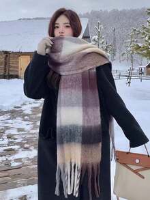 1 chiếc khăn choàng cổ kẻ caro tua rua dày mềm mại cỡ lớn mới 2025 dành cho nữ, cỡ lớn và ấm áp, thích hợp mặc vào mùa thu/đông để mặc váy - Nhiều màu - Xem 13