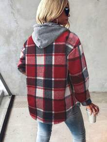 Women's Plaid Retro Casual Hooded Jacket - Red - View 2