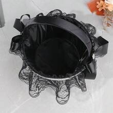 Flower Girl Satin Baskets Elegant Lace Trimmed Handle Bow Rhinestone Flower Baskets For Wedding Ceremony ﻿ - Black - View 4